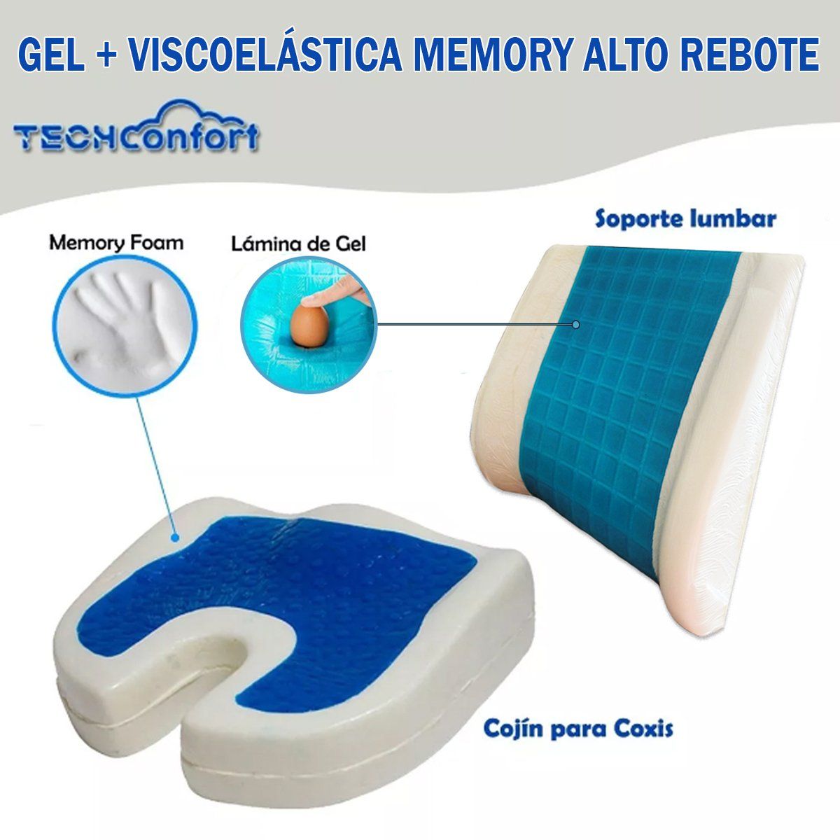 TECHCONFORT - Cojín coxis en Gel y Soporte lumbar viscoelástico combo antiescaras