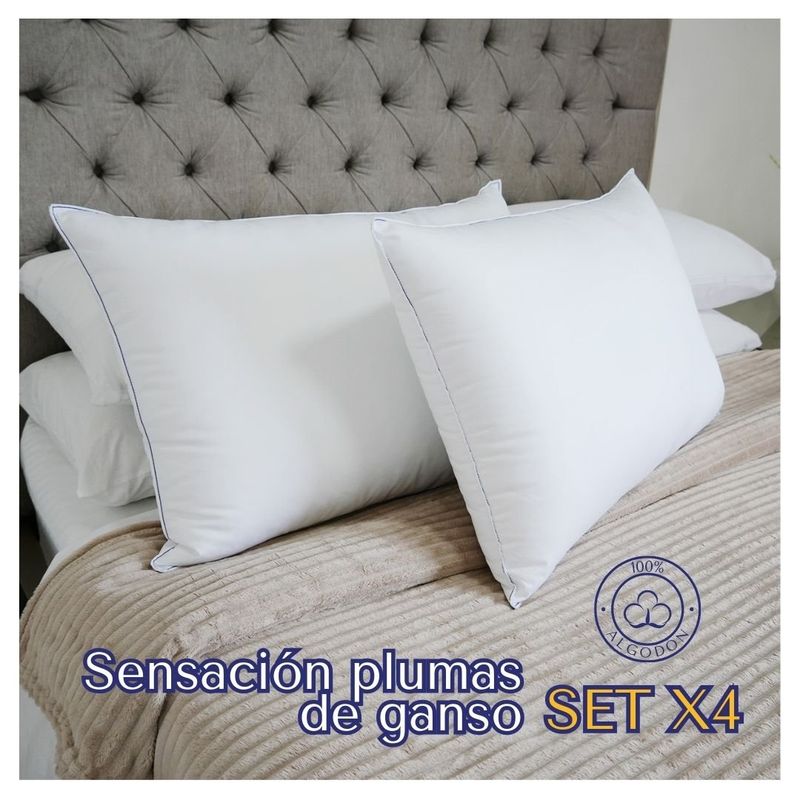 HOGARETO - Set x 4 Almohadas Antifluido Sensación Plumas de Ganso Tela Algodon