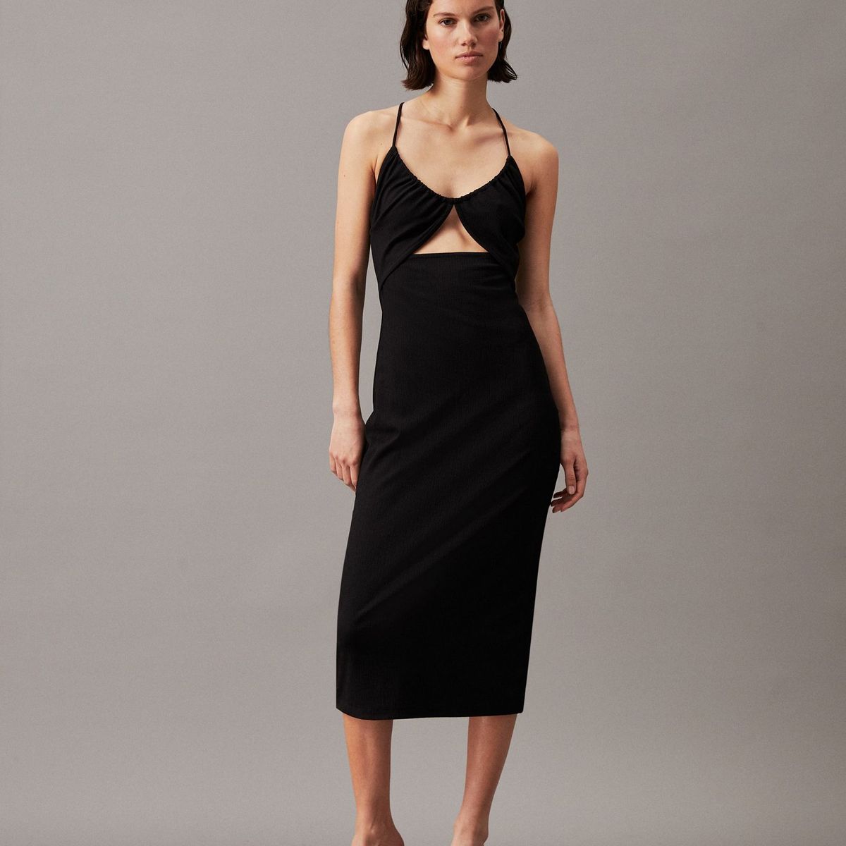 CALVIN KLEIN - Vestido negro midi recortado con detalle de lazo Calvin Klein