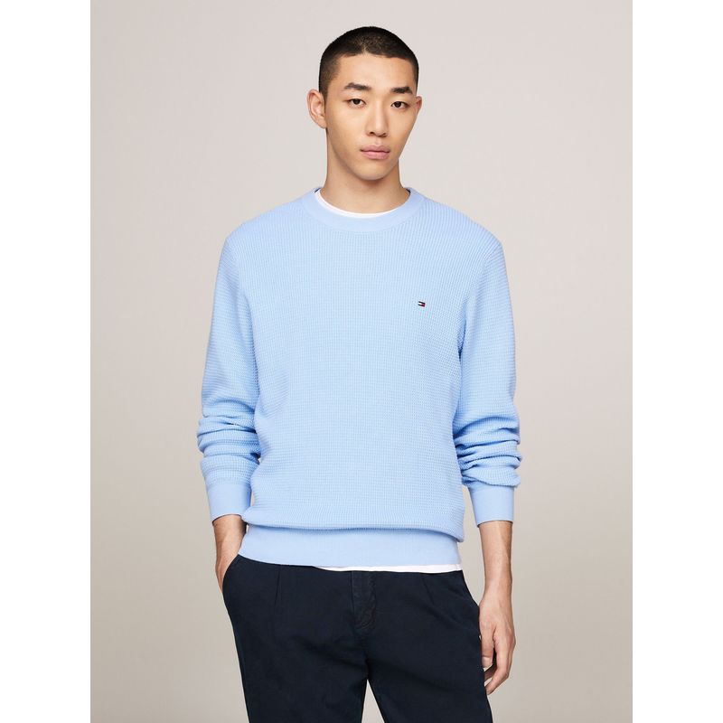 TOMMY HILFIGER - Saco celeste tejido de punto gofrado con cuello redondo Tommy Hilfiger