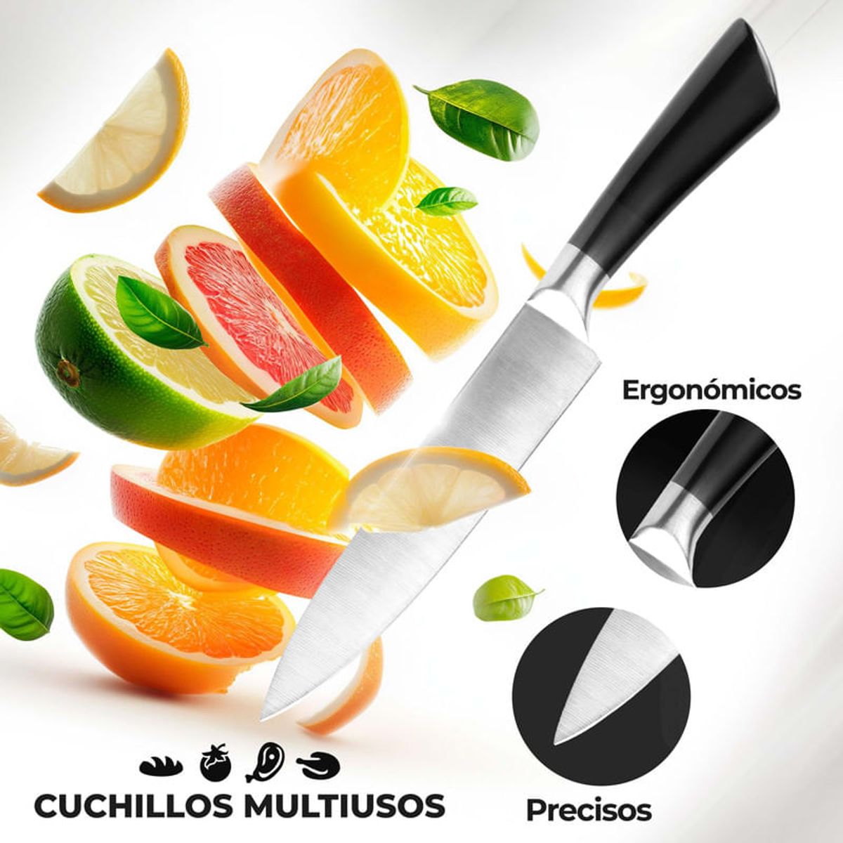 CHEF MASTER - Juego de Cuchillos Cocina 8 Pzas Acero Inoxidable y Afilador Negro