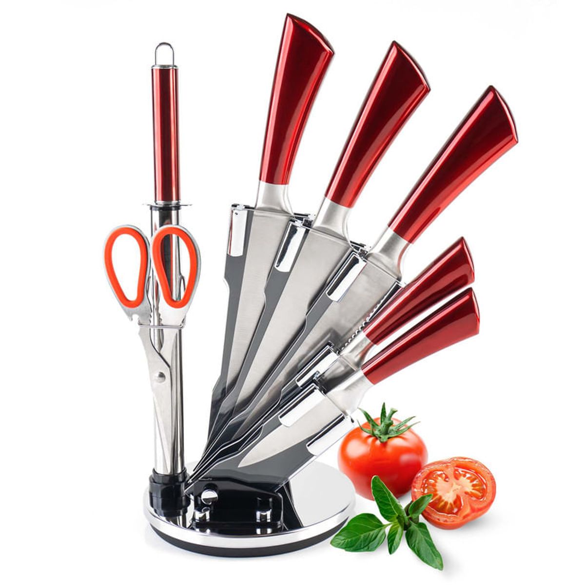 CHEF MASTER - Juego de Cuchillos Cocina 8 Pzas Acero Inoxidable y Afilador Rojo