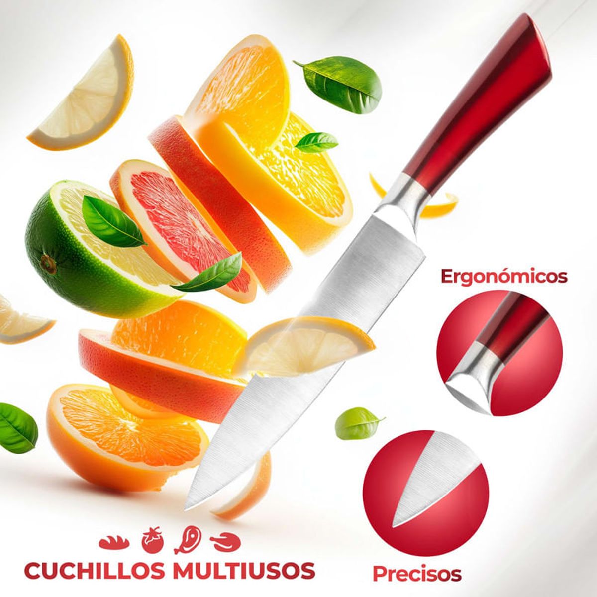 CHEF MASTER - Juego de Cuchillos Cocina 8 Pzas Acero Inoxidable y Afilador Rojo