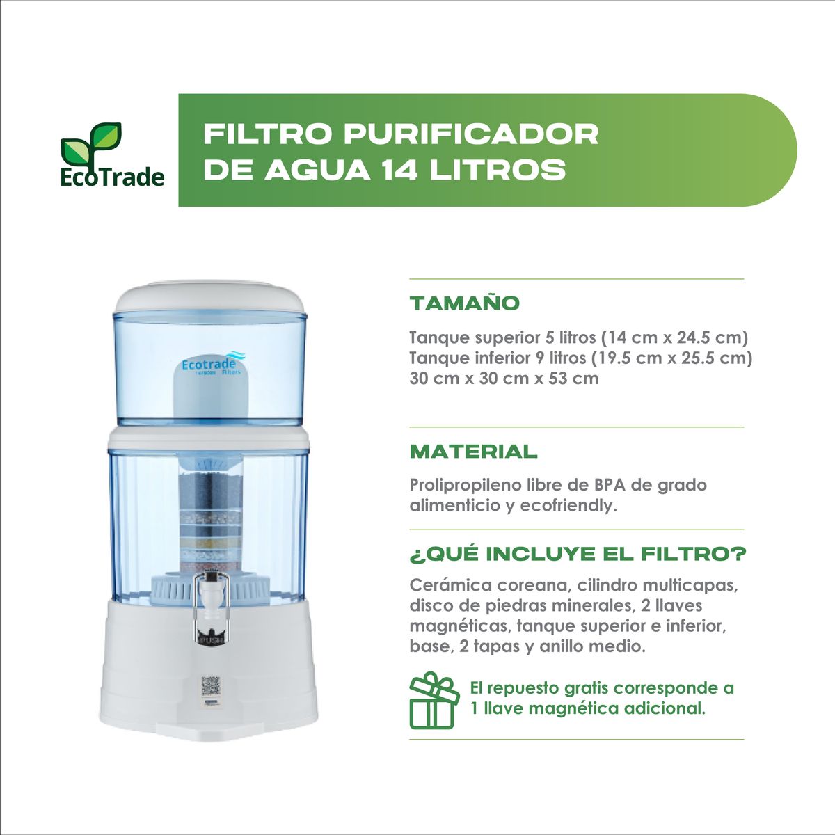 ECOTRADE - Filtro Purificador Agua de 14 Litros mas 2 Ceramicas Ecotrade