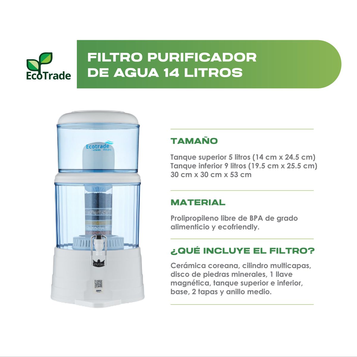 ECOTRADE - Filtro Purificador Agua 14 Litros mas Kit 3 Repuestos Ecotrade