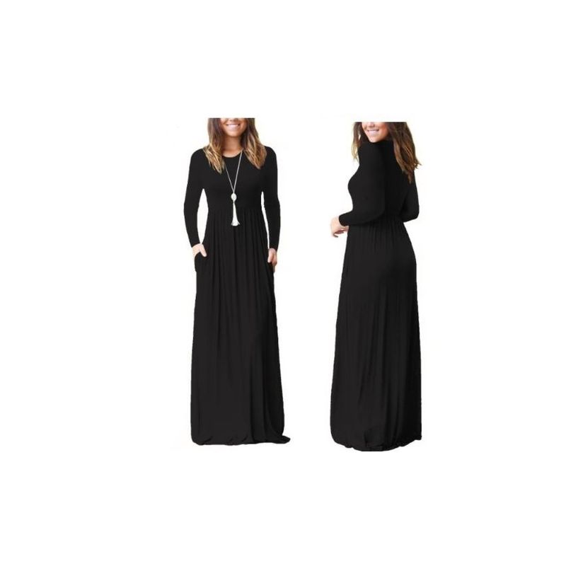 VIA7 - Vestido largo manga larga de bolsillos licra cuello redondo_.