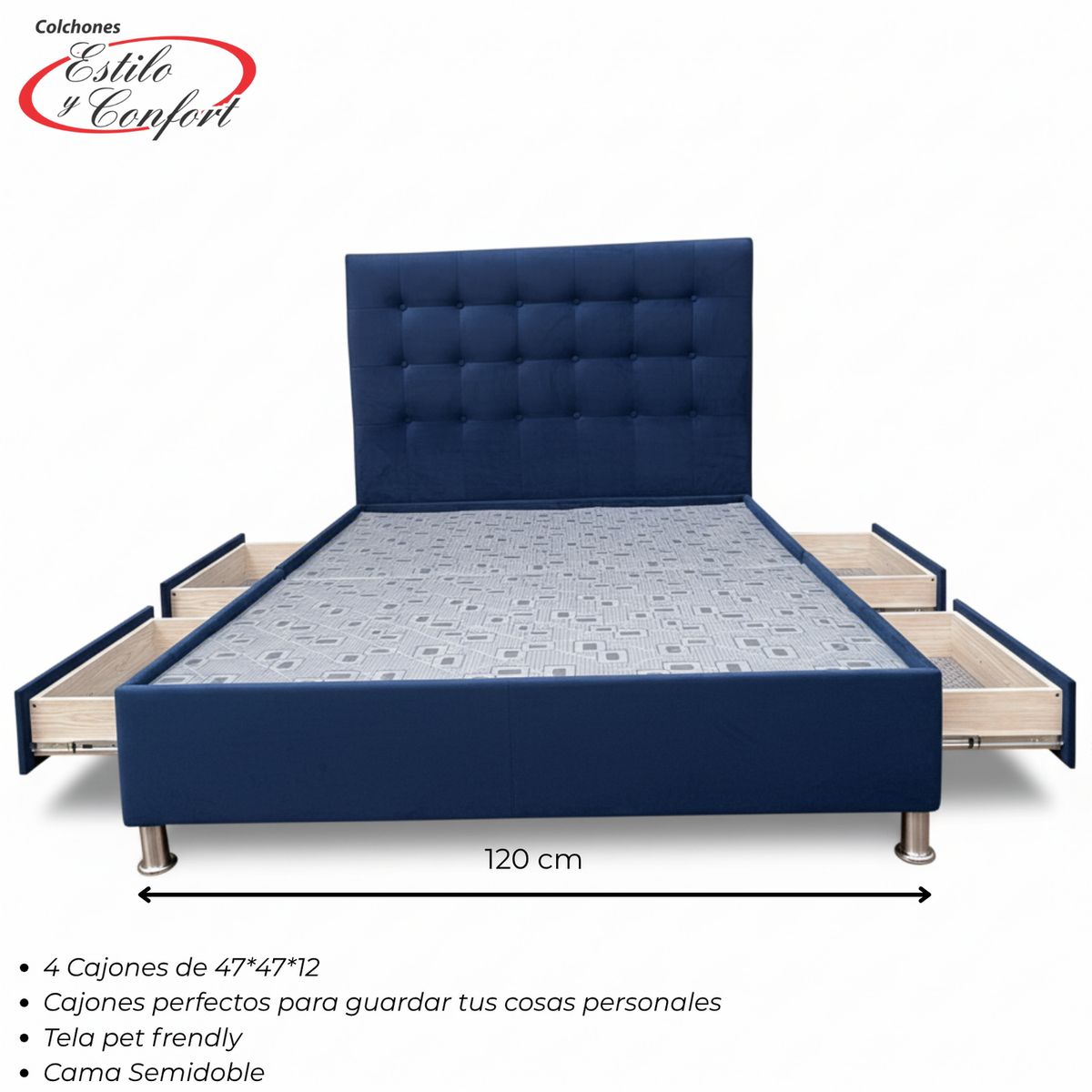 ESTILO Y CONFORT - Basecama con 4 Cajones y Cabecero Deco 120 Azul