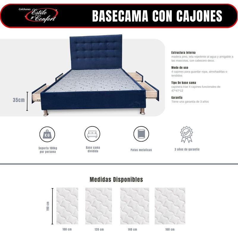ESTILO Y CONFORT - Basecama con 4 Cajones y Cabecero Deco 100 Azul