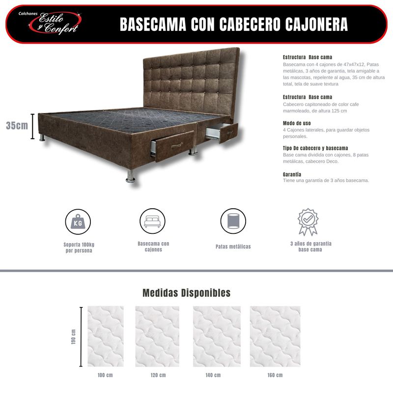 ESTILO Y CONFORT - Basecama con 4 cajones y Cabecero Deco 140 Café