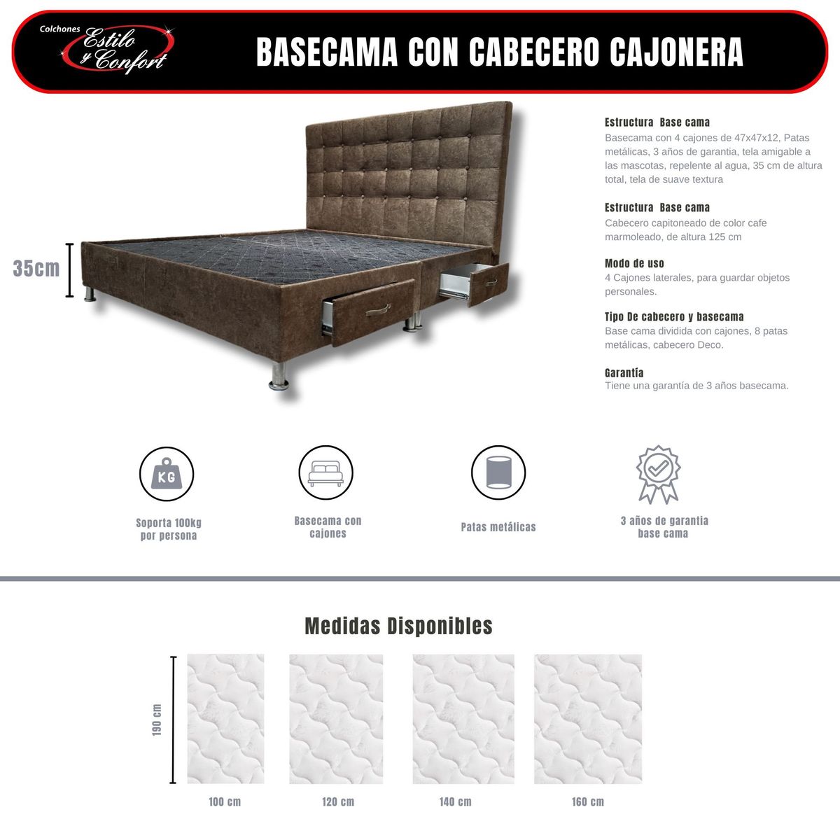 ESTILO Y CONFORT - Basecama con 4 cajones y Cabecero Deco 100 Café