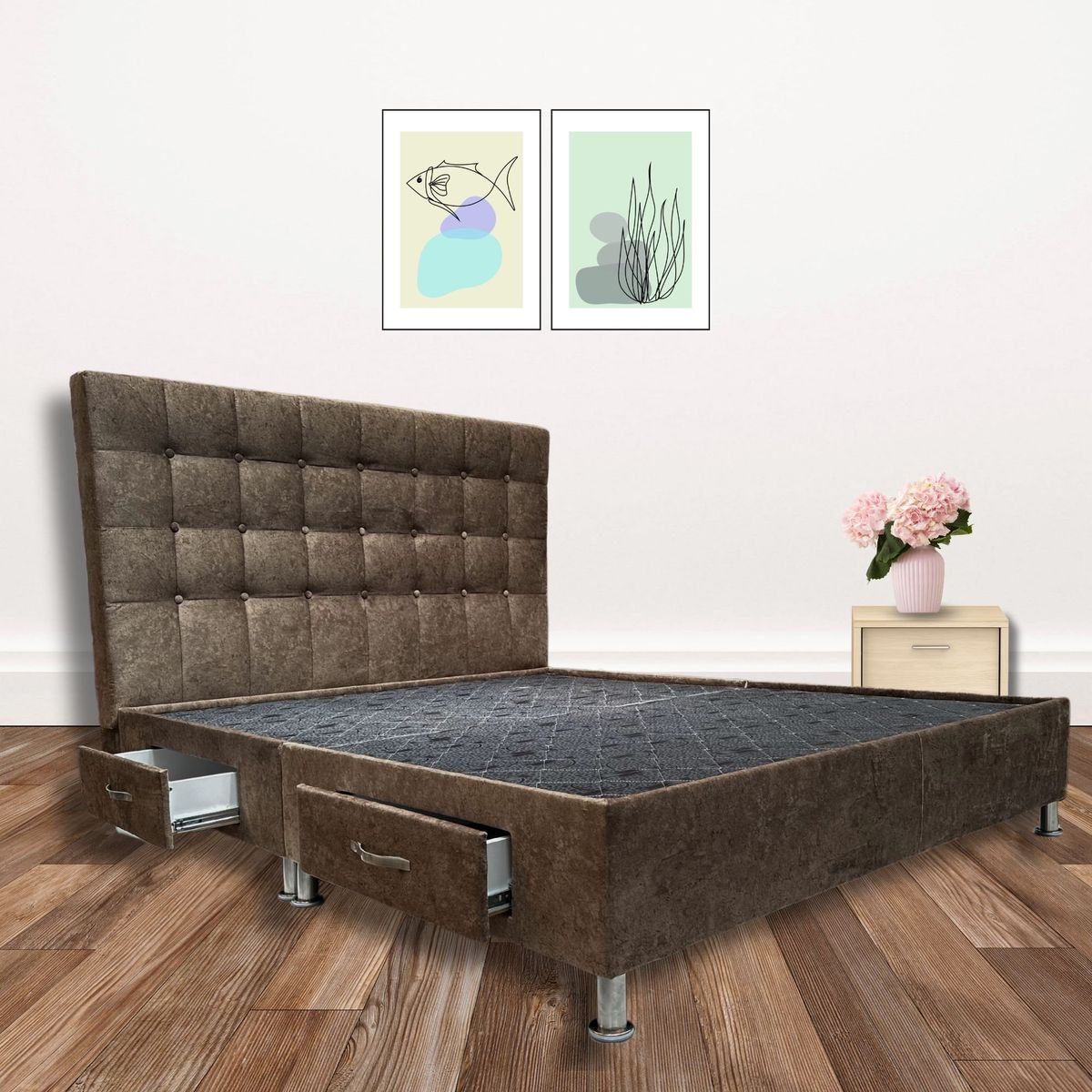 ESTILO Y CONFORT - Basecama con 4 cajones y Cabecero Deco 100 Café