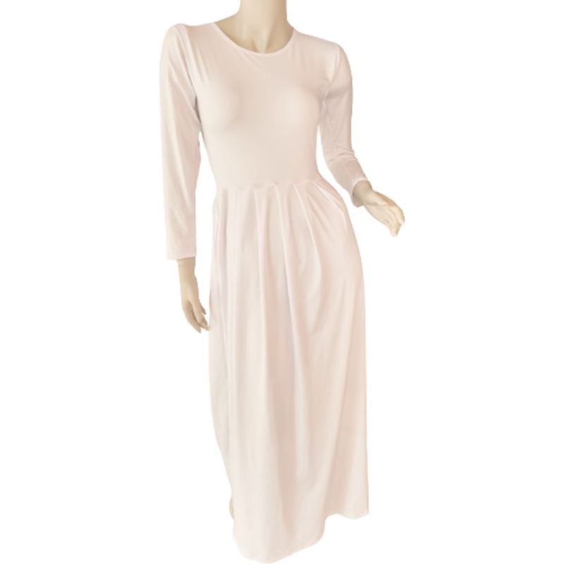 VIA7 - Vestido largo manga larga de bolsillos lucrado cuello redondo blanco