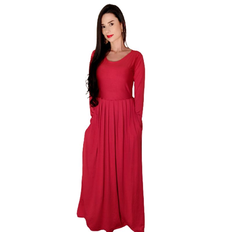VIA7 - Vestido largo manga larga de bolsillos licra y cuello redondo rojo_.