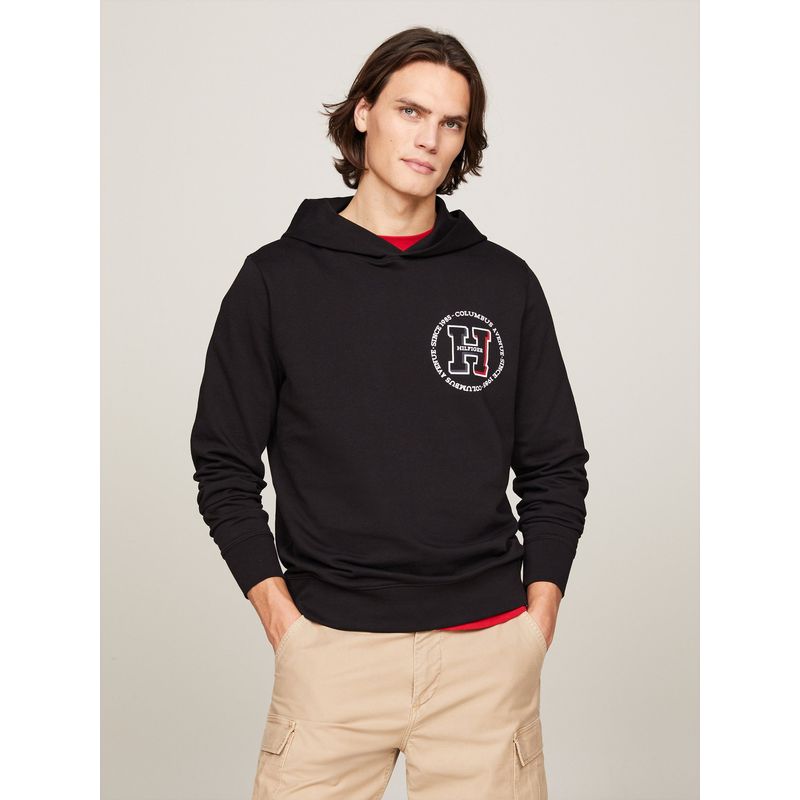 TOMMY HILFIGER - Buzo negro de felpa con capota y logo circular Tommy Hilfiger