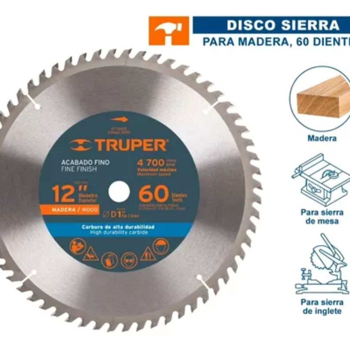 TRUPER - Disco Sierra Para Madera 12 pul Centro 1pul 60 dientes Truper Color Gris