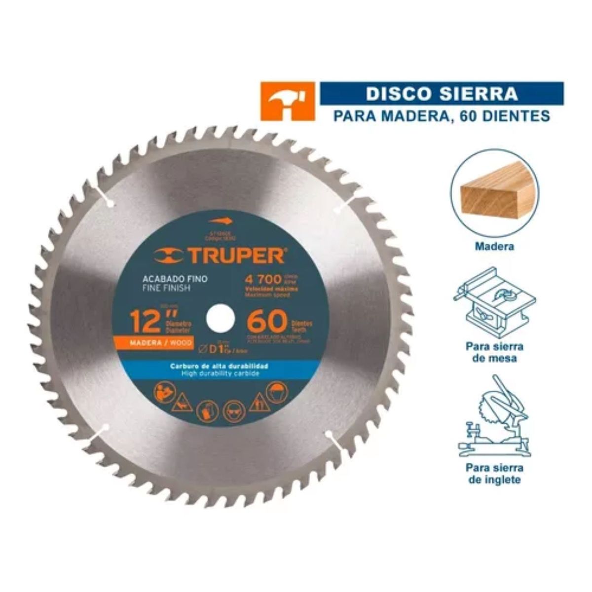 TRUPER - Disco Sierra Para Madera 12 pul Centro 1pul 60 dientes Truper Color Gris