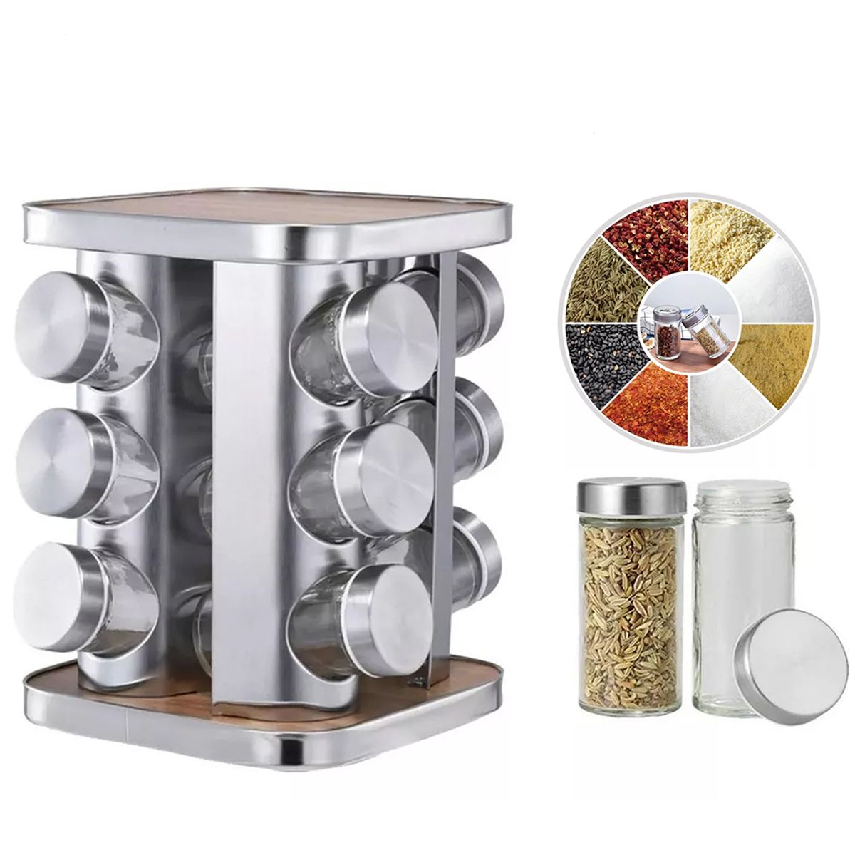 ONE PIXEL - Especiero Cocina 12 Condimentos Giratorio Vidrio Acero Inoxidable