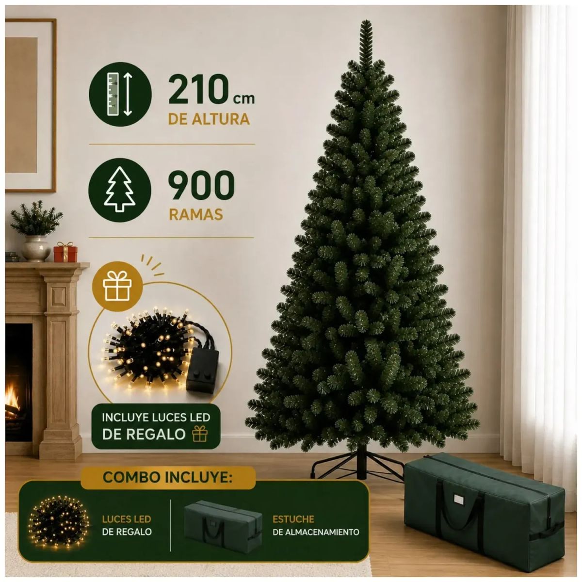 EVERGREEN - Árbol de navidad Evergreen 210 cm verde de 900 ramas Combo con estuche