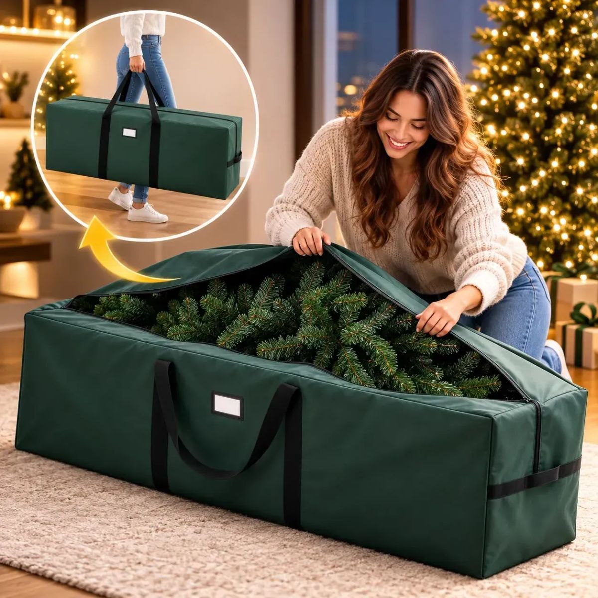 EVERGREEN - Árbol de navidad Evergreen 210 cm verde de 900 ramas Combo con estuche