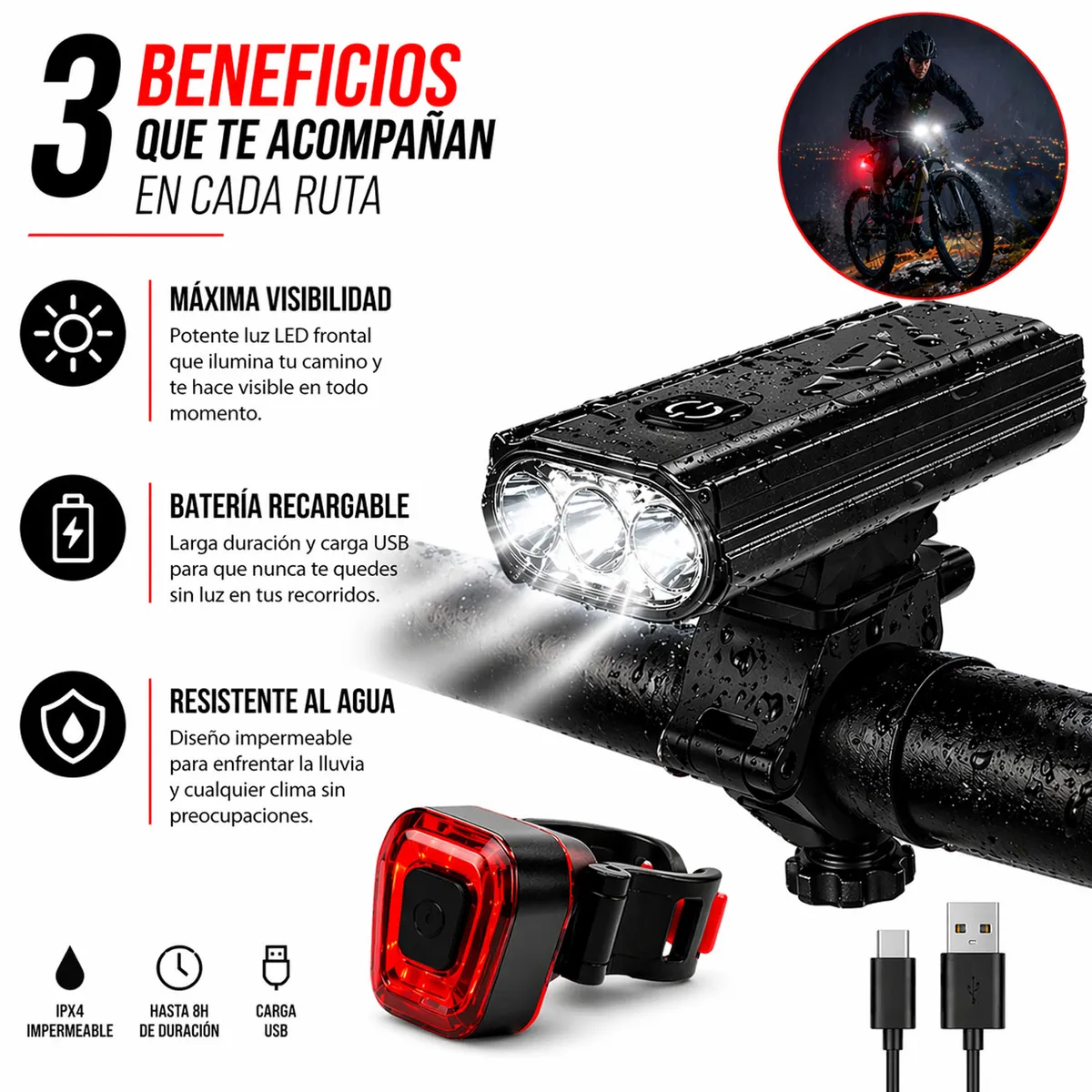 ONE PIXEL - Luz Linterna Bicicleta Set Delantera Trasera Usb Impermeable