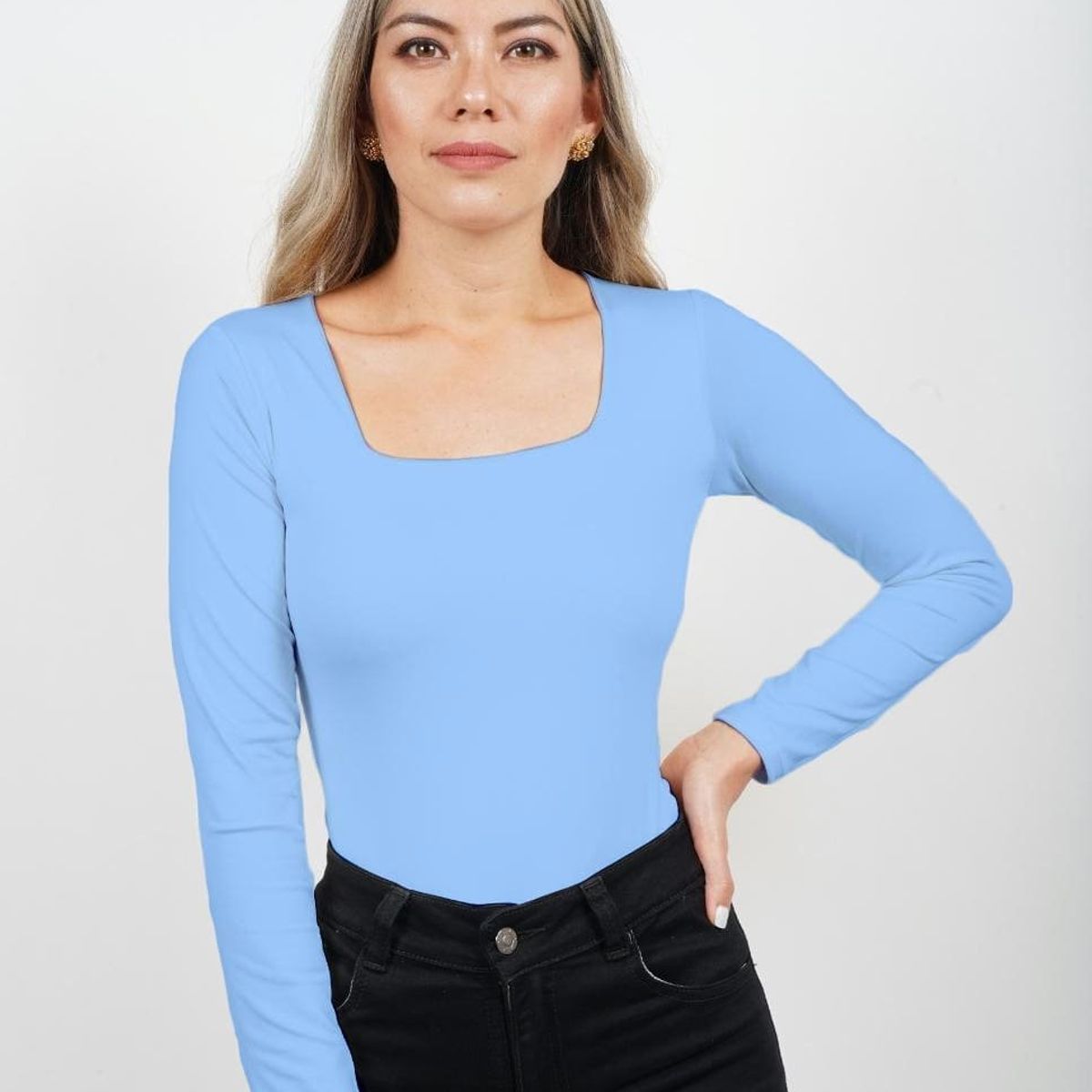 MOLGOA - Body para Mujer Escote Cuadrado Manga Larga - Moscú Azul Bebé