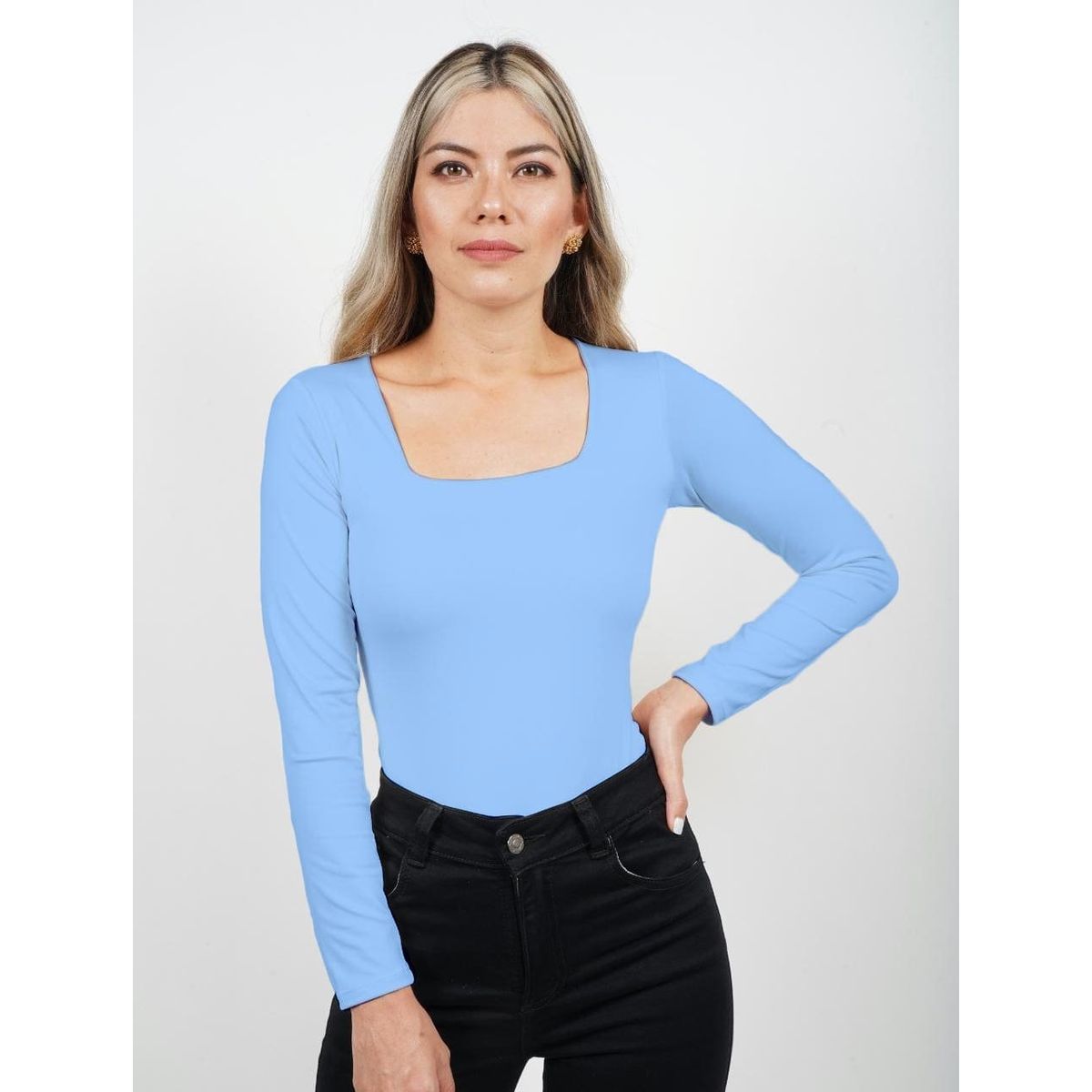 MOLGOA - Body para Mujer Escote Cuadrado Manga Larga - Moscú Azul Bebé