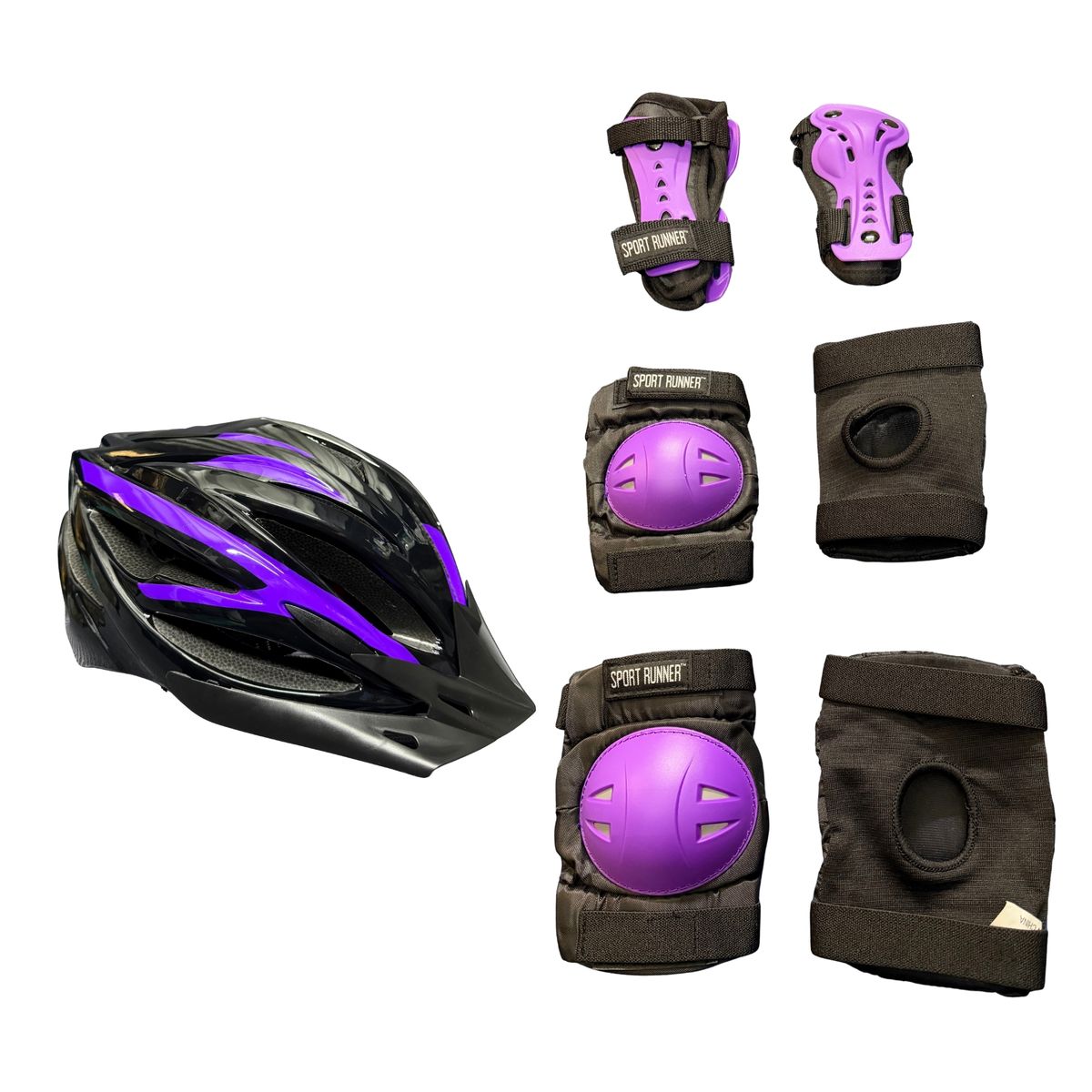 SPORT RUNNER - Kit Protecciones Patinaje Casco + Pads Talla S Color Negro + Morado