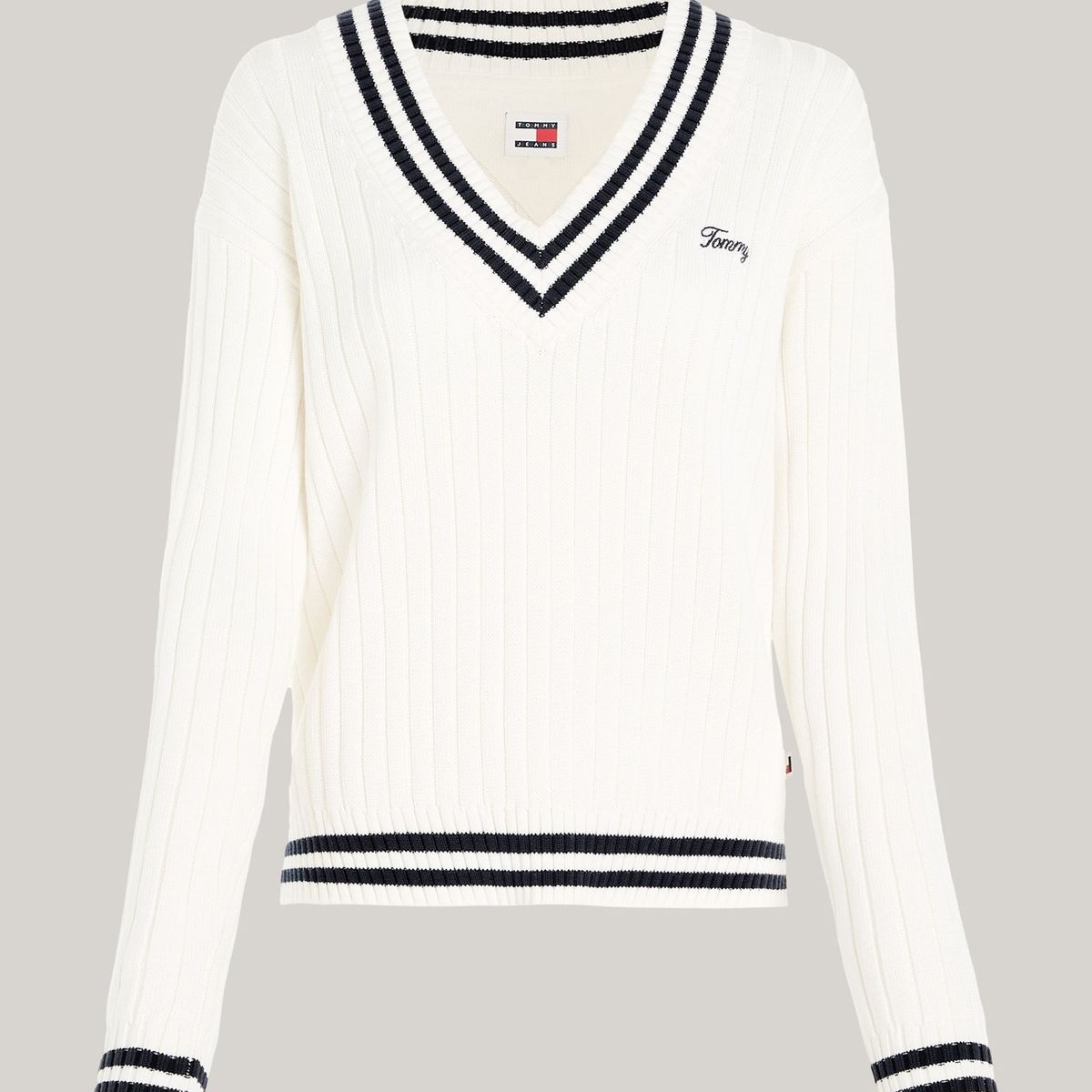 TOMMY HILFIGER - Saco blanco tejido acanalado amplio con cuello en V Tommy Jeans