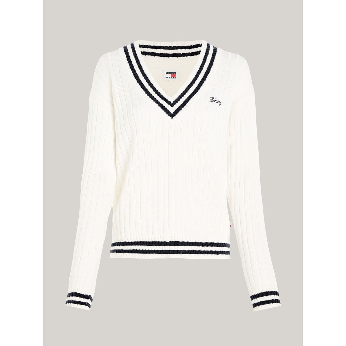 TOMMY HILFIGER - Saco blanco tejido acanalado amplio con cuello en V Tommy Jeans