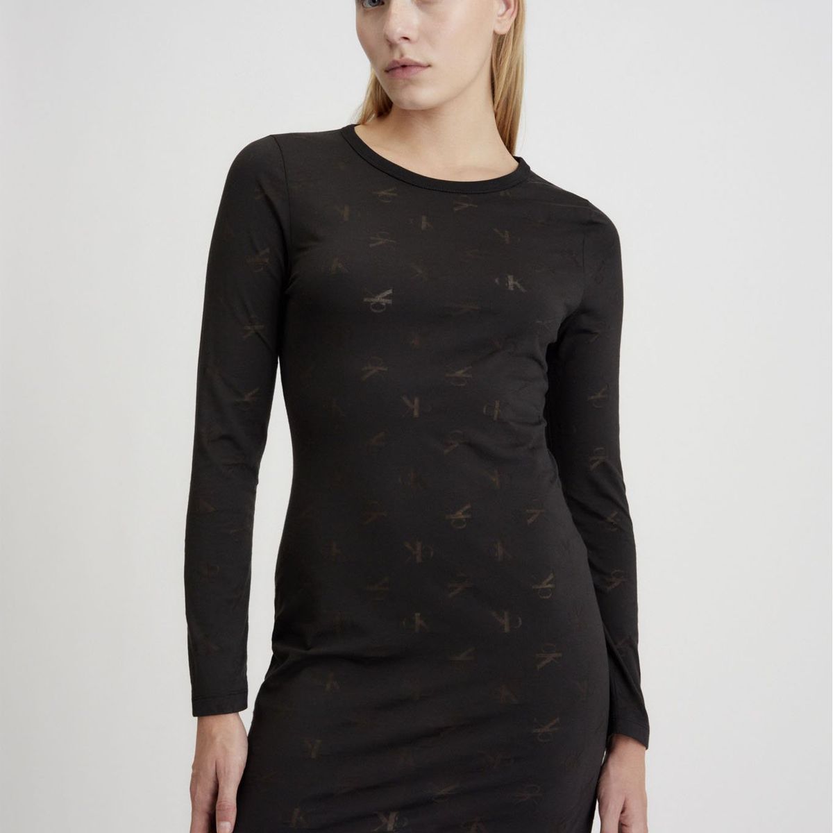CALVIN KLEIN - Vestido negro mini con estampado de monograma tonal Calvin Klein