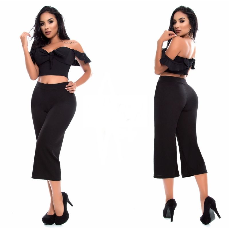 VIA7 - Conjunto de pantalon bota recta y blusa corta estraple bolero