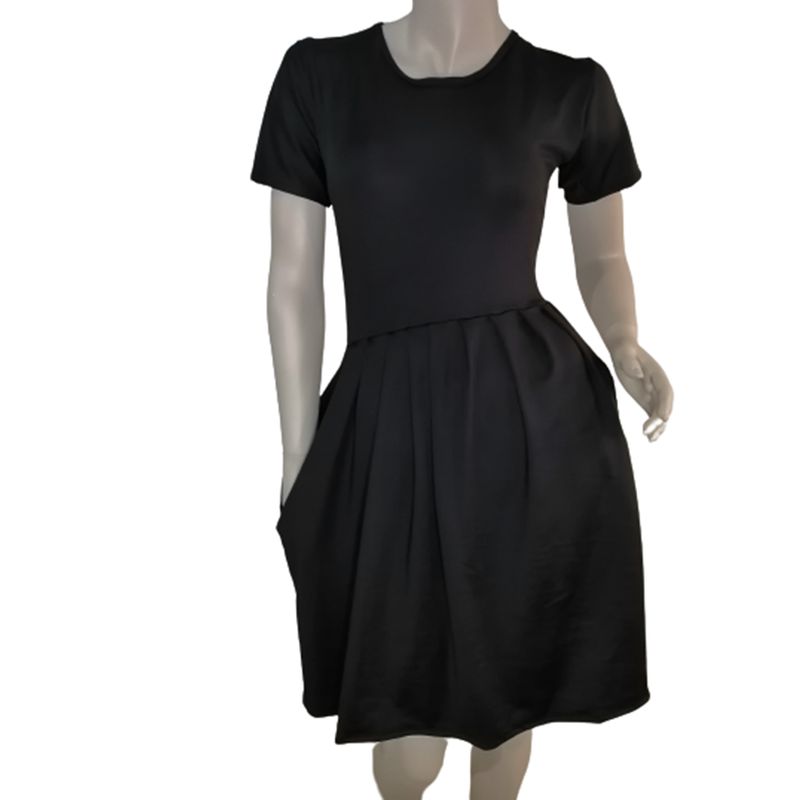 VIA7 - Vestido corto manga corta de bolsillos para mujer nuevo negro