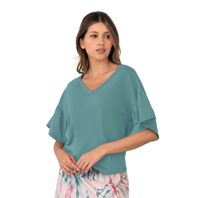 LEONISA - Leonisa Camiseta manga corta con cuello en V y boleros en mangas