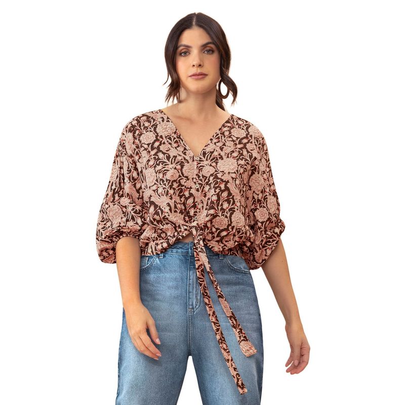 LEONISA - Leonisa Blusa manga 34 con tiras para anudar en cintura