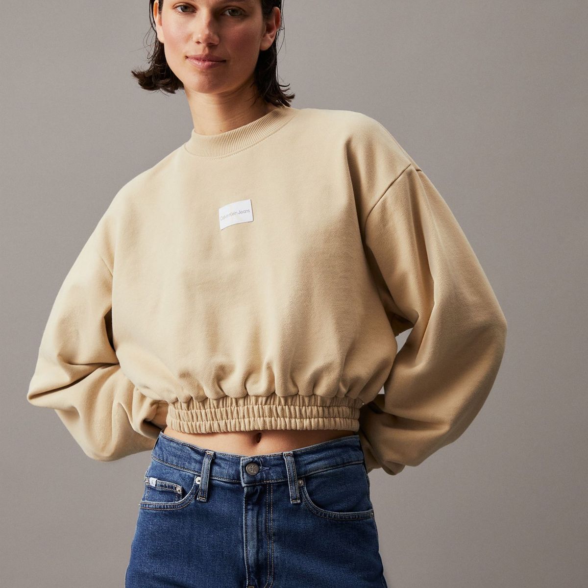 CALVIN KLEIN - Saco beige cropped de felpa de algodón Calvin Klein