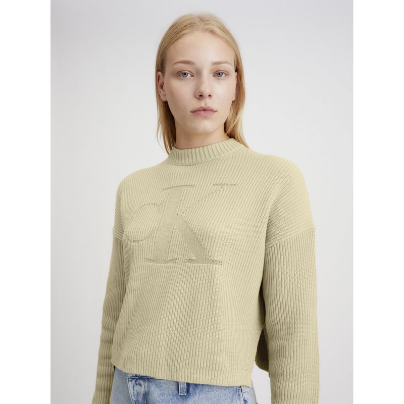 CALVIN KLEIN - Saco beige tejido canalé de algodón con monograma Calvin Klein