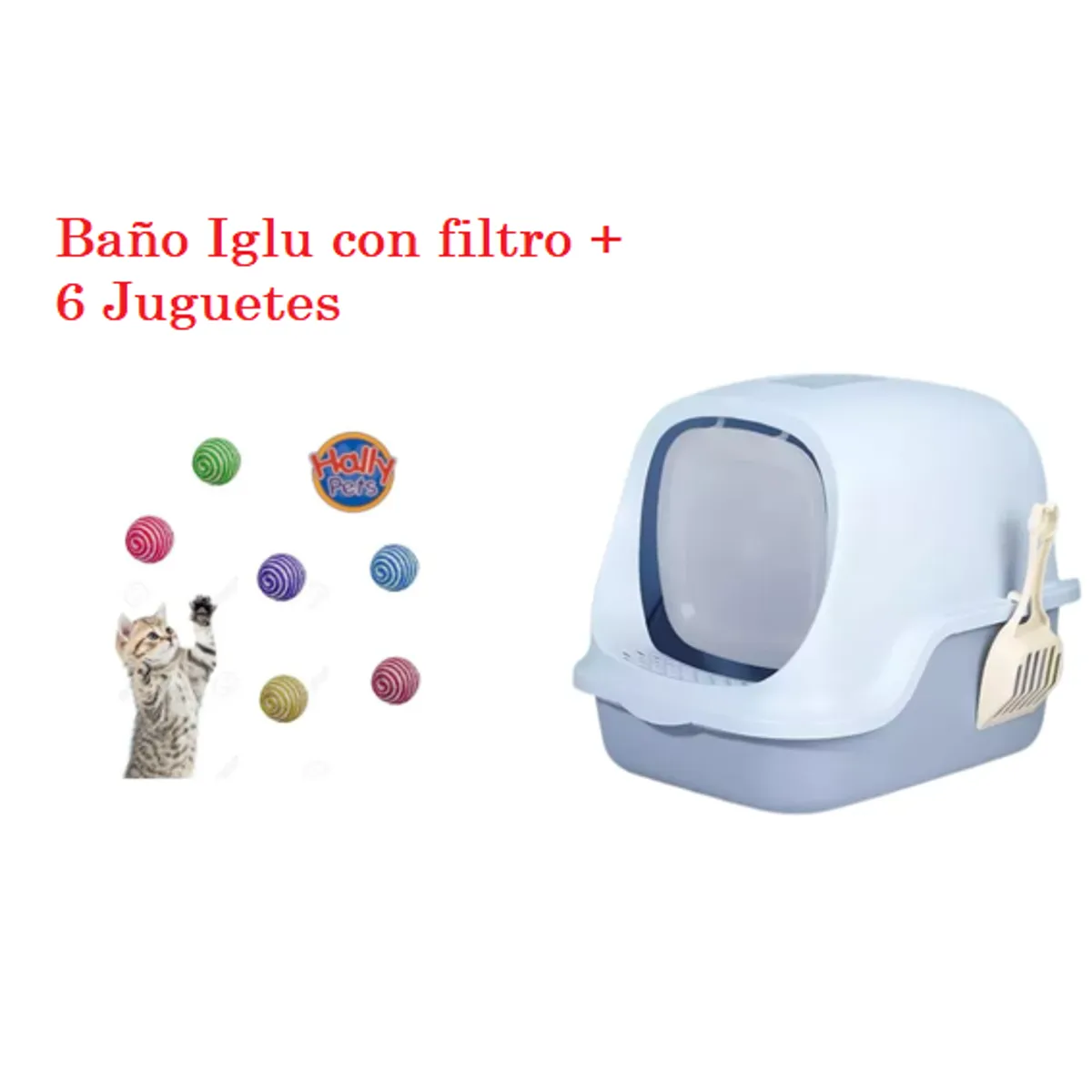 HALLY PET - Combo Baño arenero con filtro mas 6 juguetes para gato