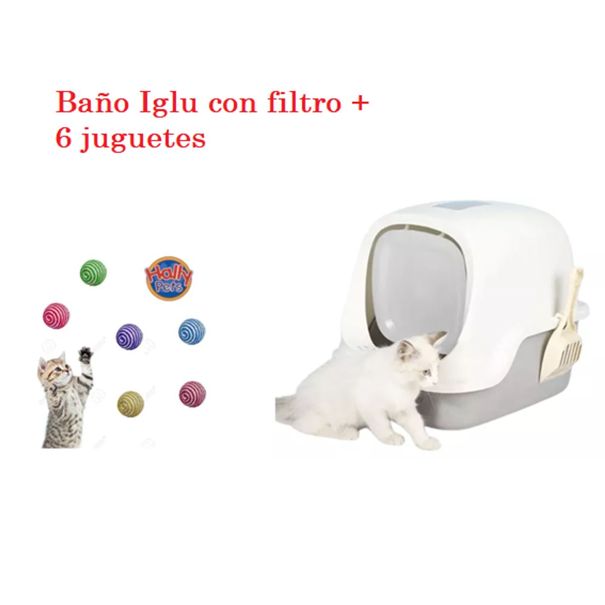 HALLY PET - Combo Baño arenero con filtro mas 6 juguetes para gato Gris