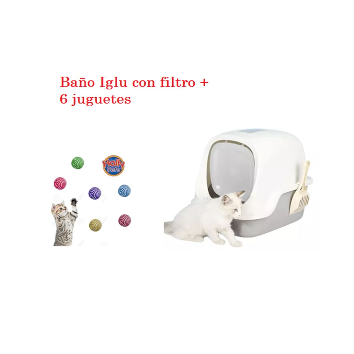 HALLY PET - Combo Baño arenero con filtro mas 6 juguetes para gato Gris