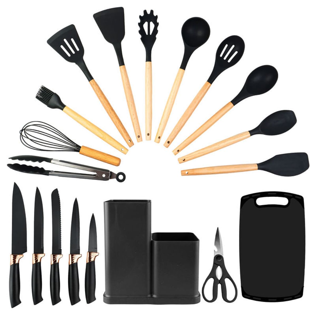 CHEF MASTER - Juego de Cucharones Cocina Cuchillos tabla tijera 21 Pzas Negro
