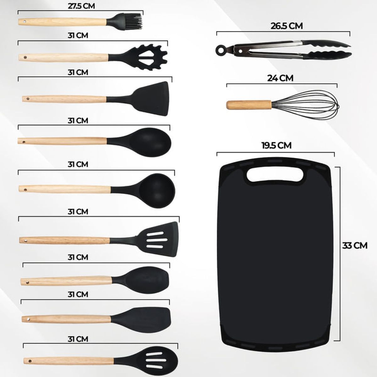 CHEF MASTER - Juego de Cucharones Cocina Cuchillos tabla tijera 21 Pzas Negro