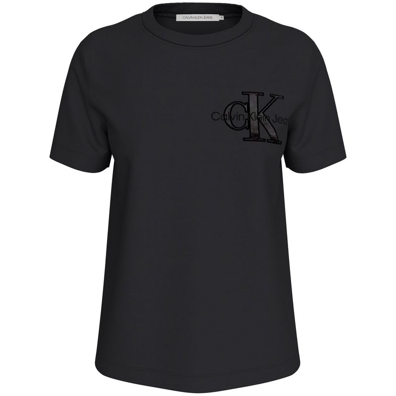CALVIN KLEIN - Camiseta negra regular con aplique de satén Calvin Klein