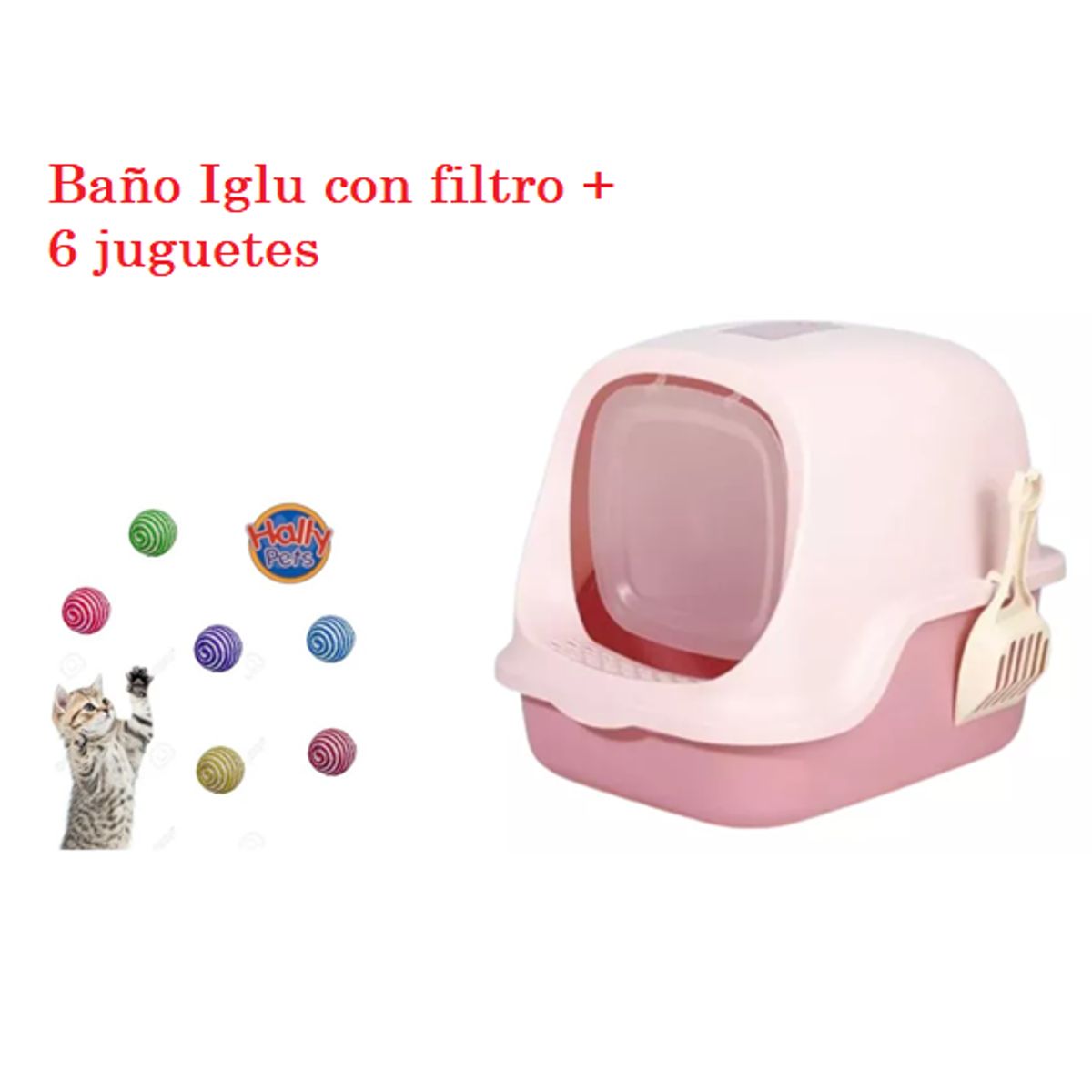 HALLY PET - Combo Baño arenero con filtro mas 6 juguetes para gato