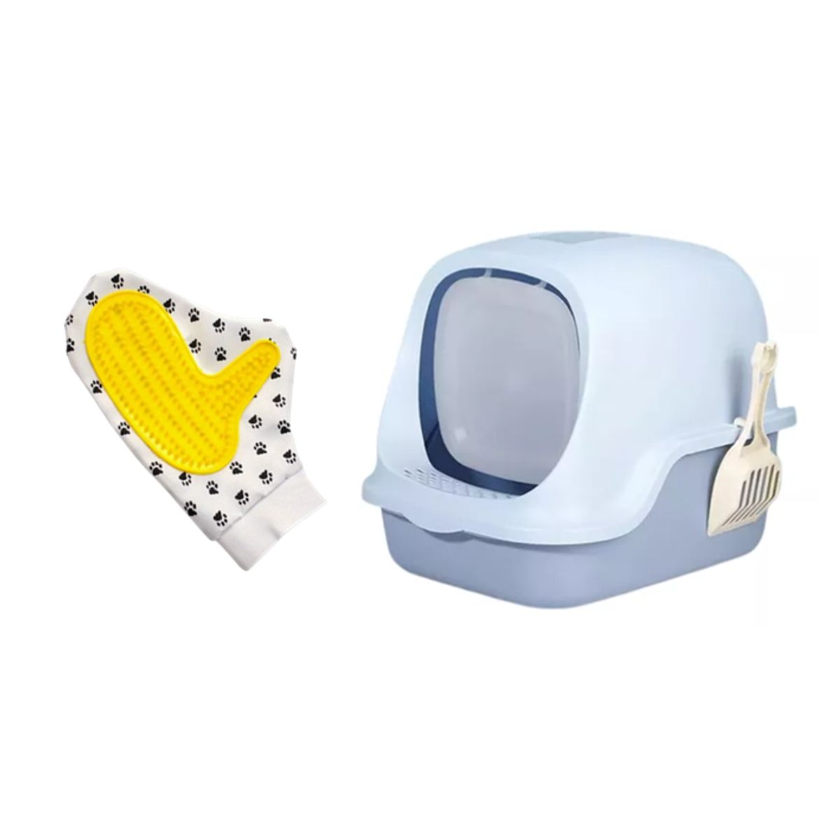 HALLY PET - Combo Baño arenero Celeste con filtro mas guante masajeador