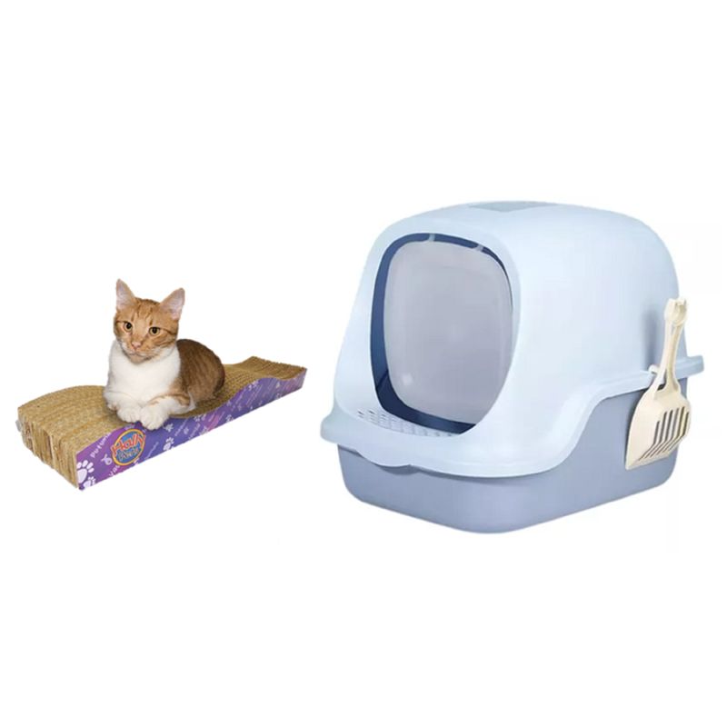 HALLY PET - Combo Baño arenero Celeste con filtro mas rascador ondas