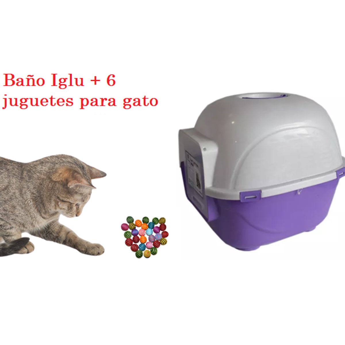 HALLY PET - Baño arenero grande sin filtro mas 6 juguetes para gato