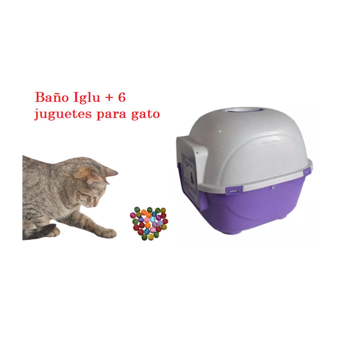 HALLY PET - Baño arenero grande sin filtro mas 6 juguetes para gato
