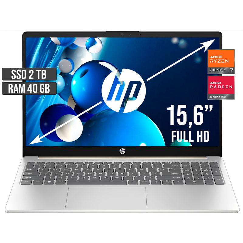 HP - PORTATIL HP AMD RYZEN 7-7730U SSD 2TB RAM 40GB LED 15,6 FULL HD