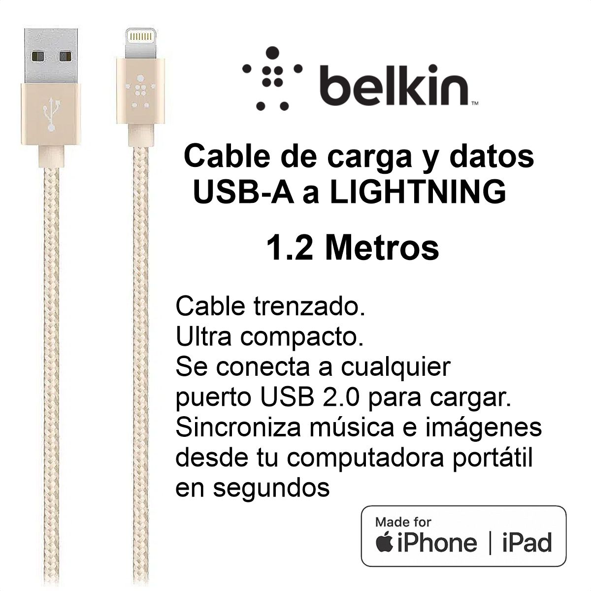 BELKIN - Cable Datos Carga Belkin USB Lightning 12m iPhone iPad Gld