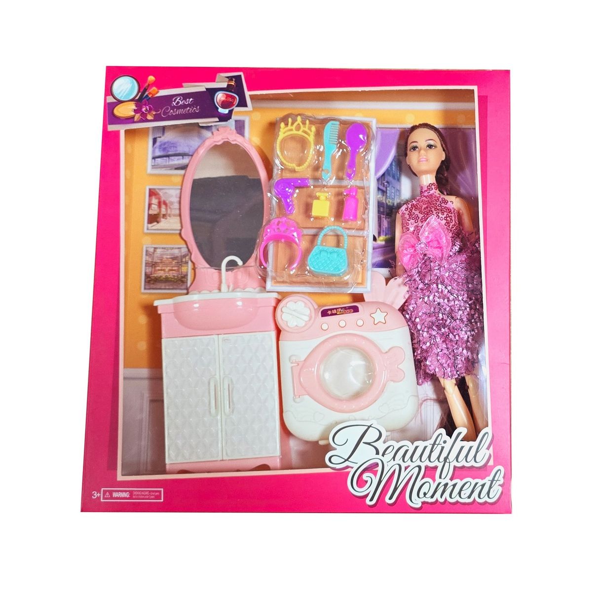 GENERICO - Muñeca Vestido Accesorios Lavadora Lavamanos Espejo Juguete